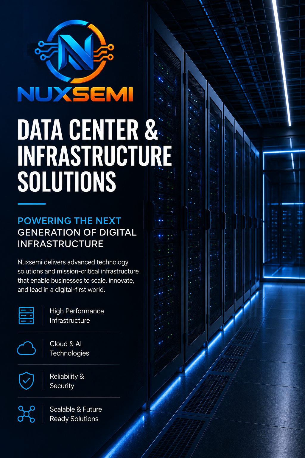 Nuxsemi AI data center, GPU server and high-performance computing infrastructure Title: Nuxsemi AI Data Center Infrastructure