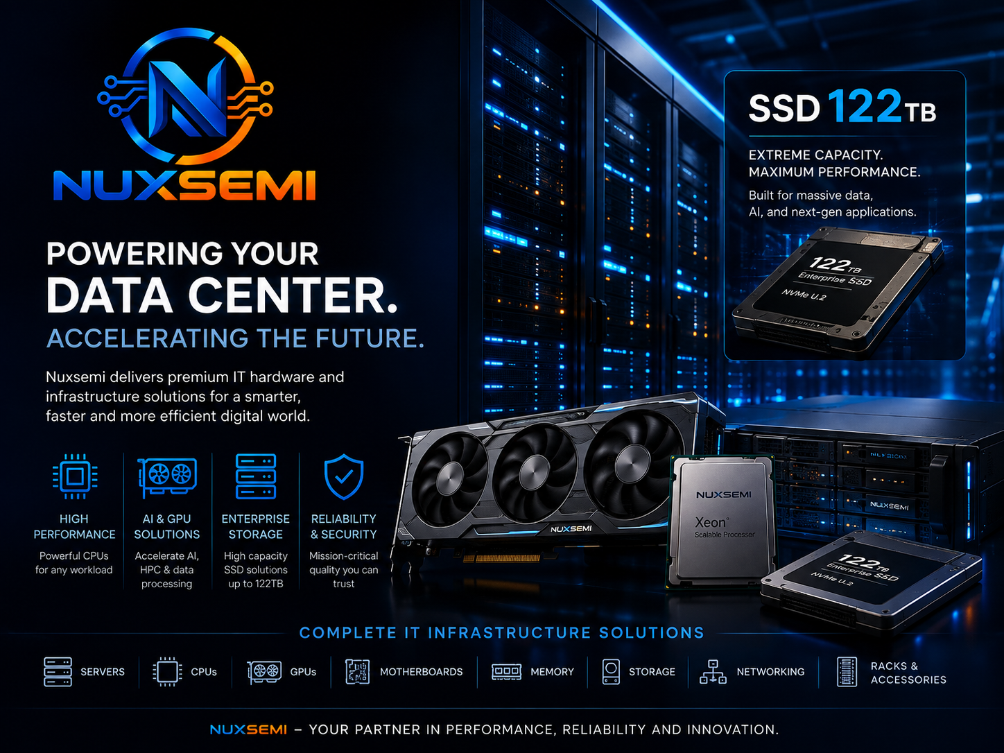 Nuxsemi data center infrastructure with GPU, CPU, enterprise servers and 122TB SSD storage solutions