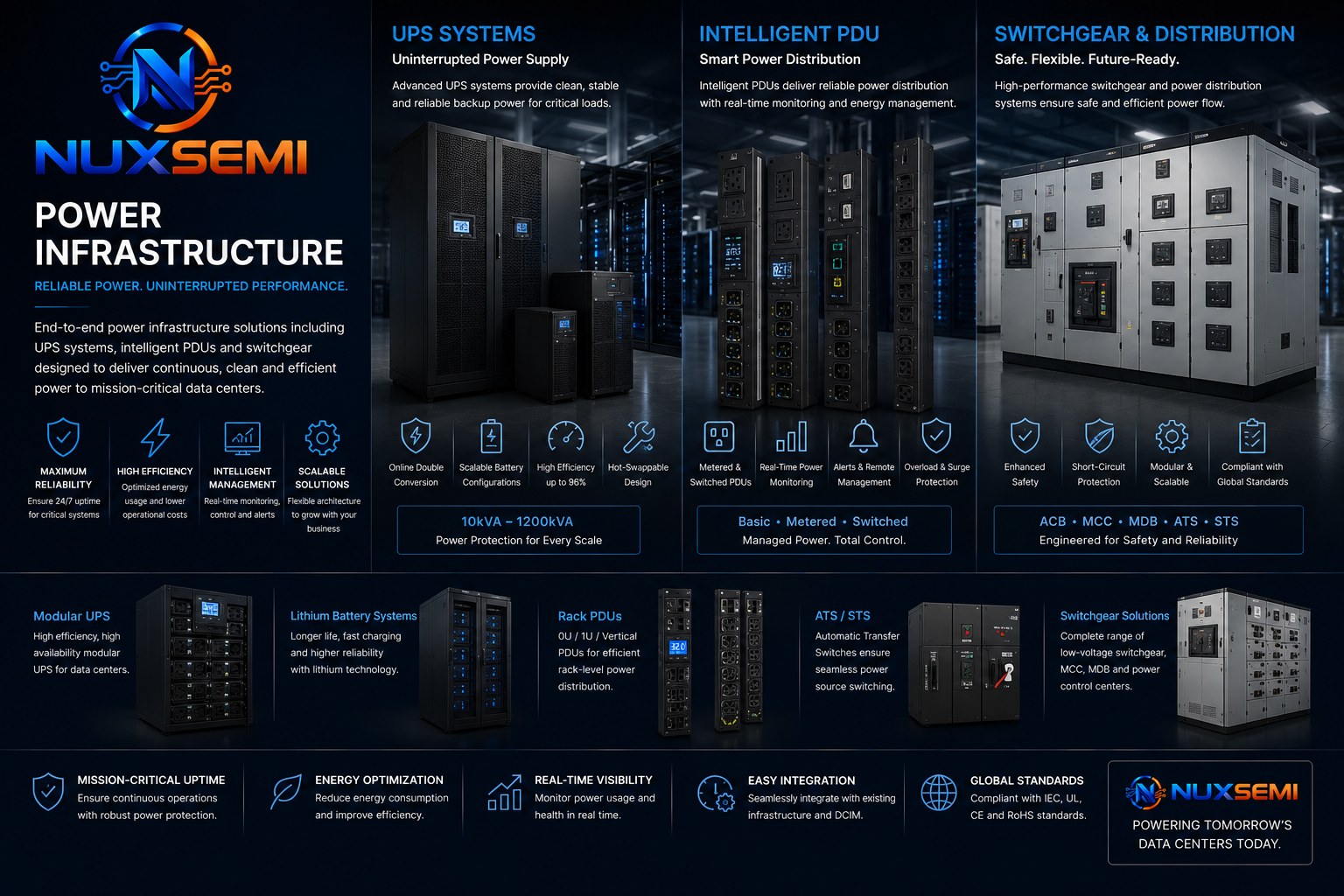 UPS intelligent PDU and switchgear solutions for mission-critical data center infrastructure