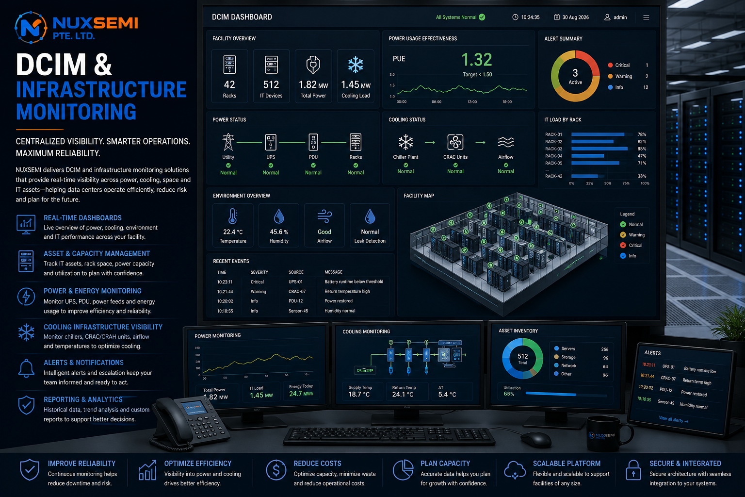 DCIM dashboard monitoring data center power, cooling, racks, environmental conditions and infrastructure
