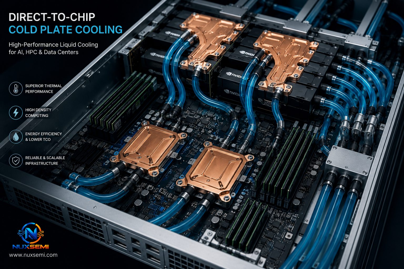 Direct-to-chip cold plate liquid cooling for AI, HPC and high-density data center servers
