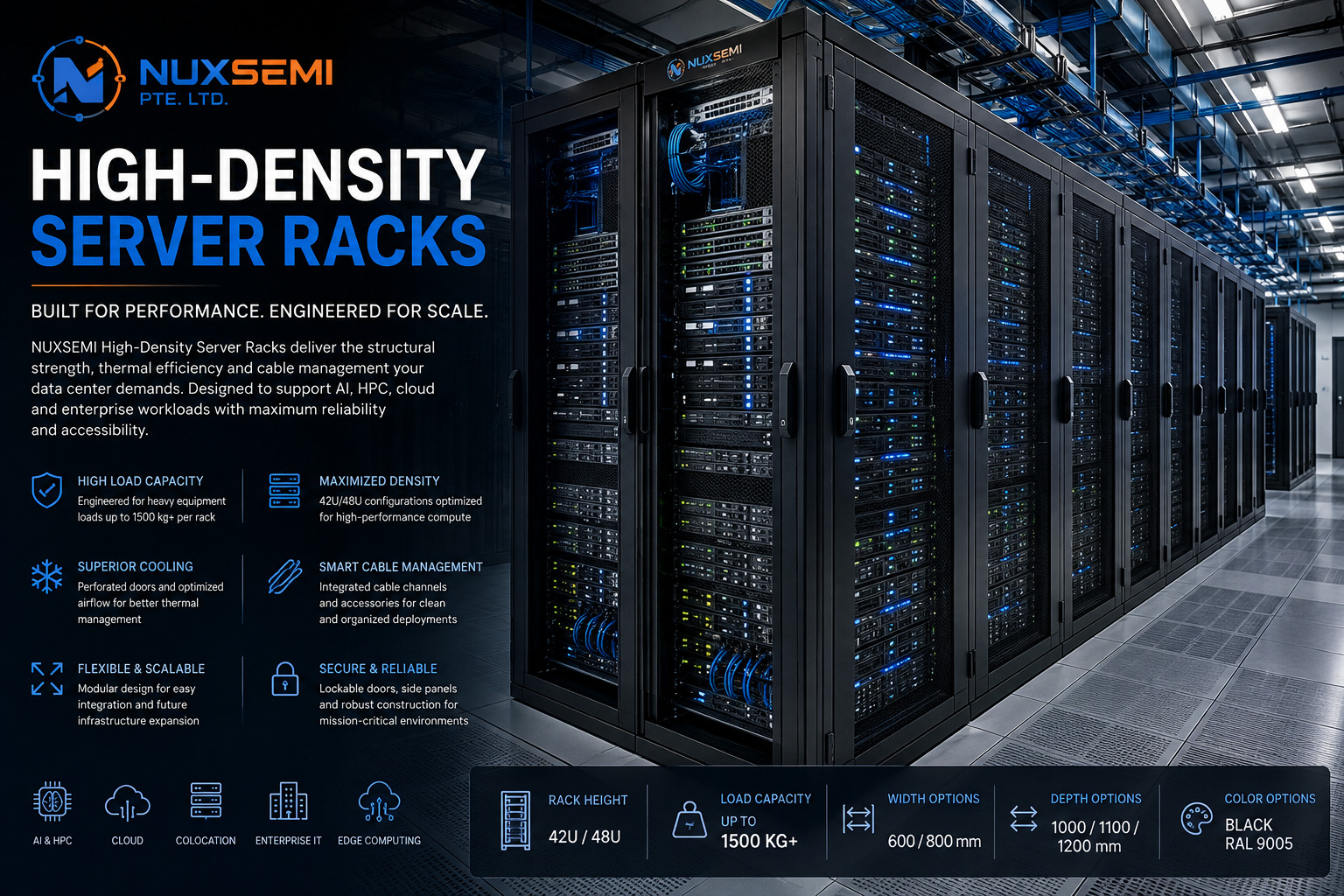 High-density server racks for AI, HPC and enterprise data center infrastructure