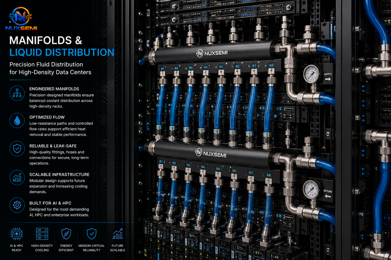 Liquid cooling manifolds and coolant distribution infrastructure for high-density data center racks