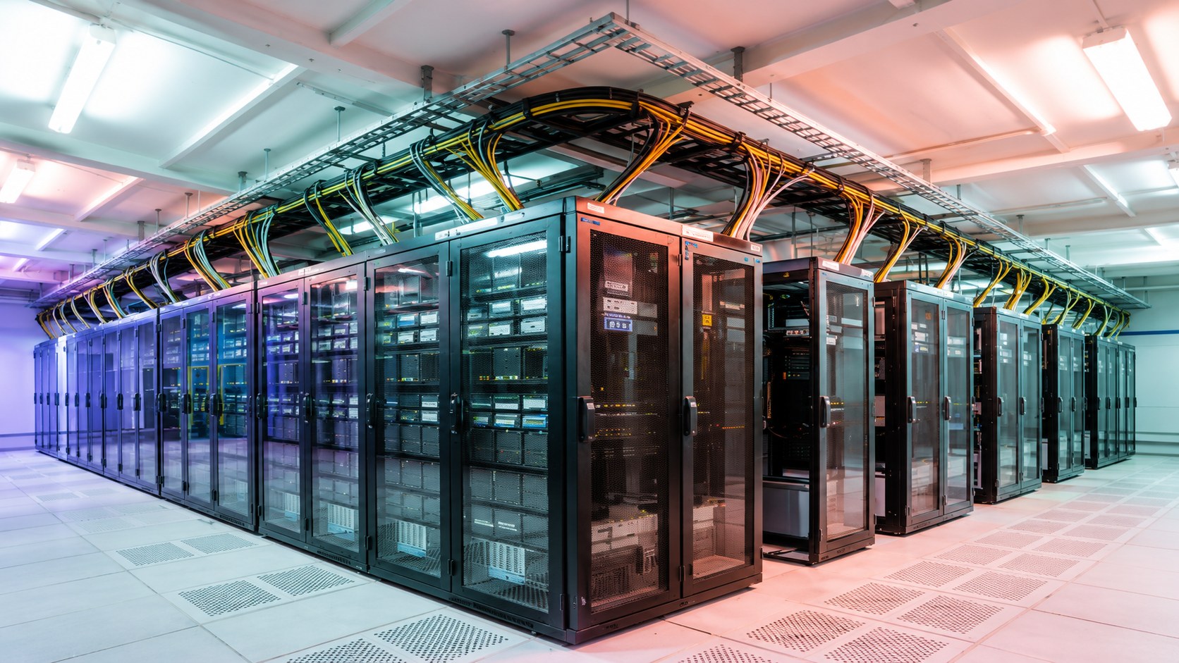 Modern enterprise data center with high-density server racks and structured network cabling