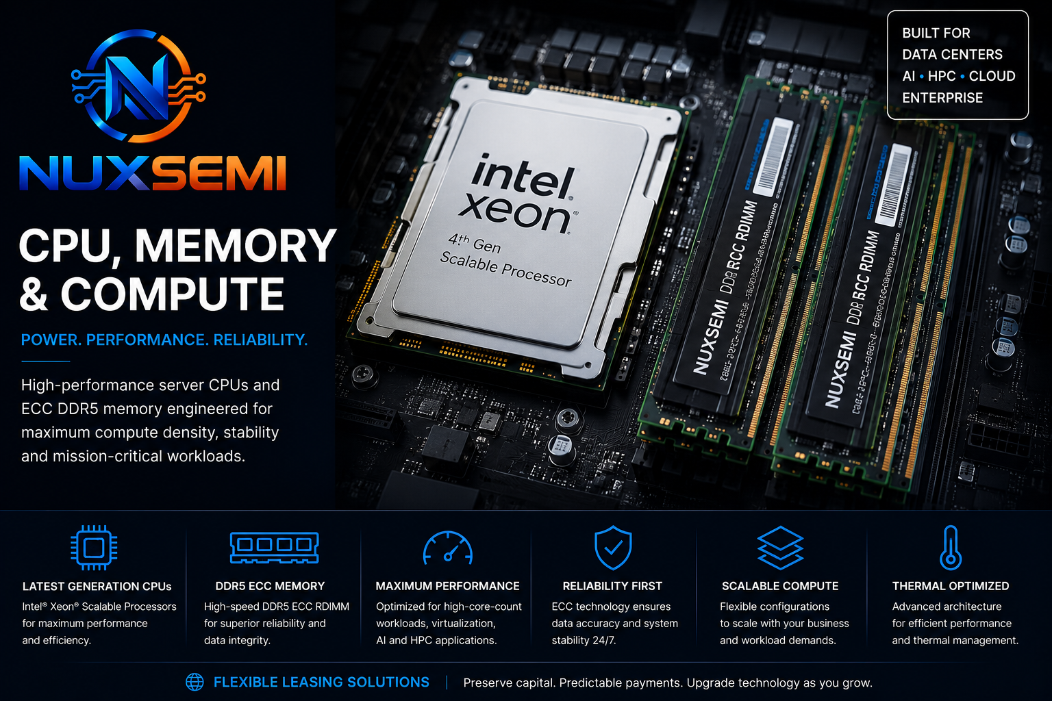 NUXSEMI CPU, Memory & Compute Infrastructure Enterprise server CPUs ECC DDR5 memory and compute infrastructure