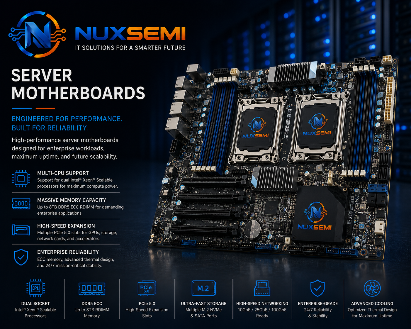 NUXSEMI Enterprise Server Motherboards Enterprise server motherboards for data center AI and HPC infrastructure