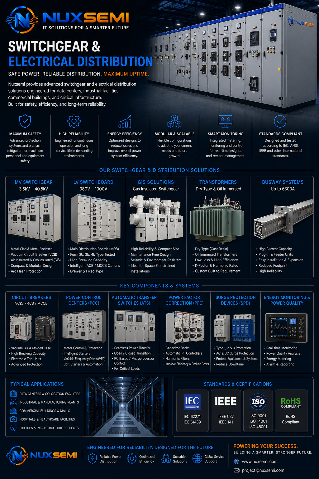 Switchgear and electrical distribution systems for data center infrastructure